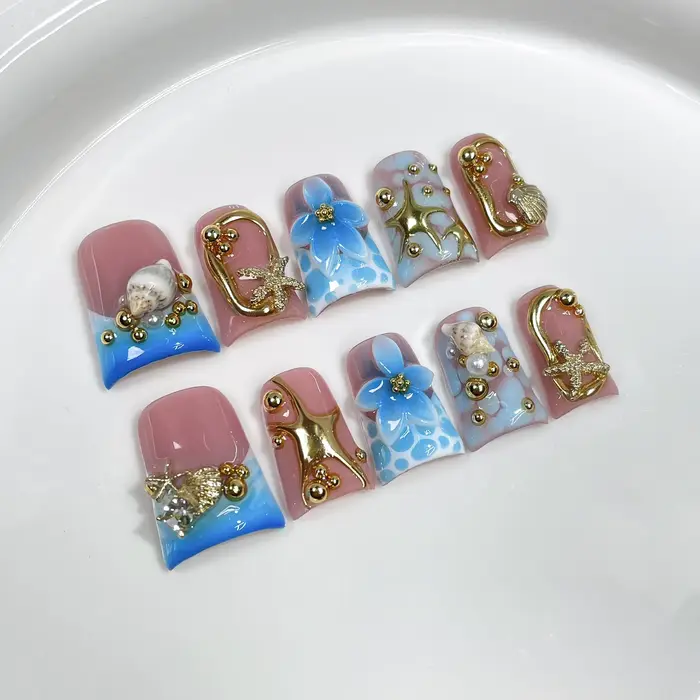 10 pièces bec de canard bleu presse à la main sur les ongles faux