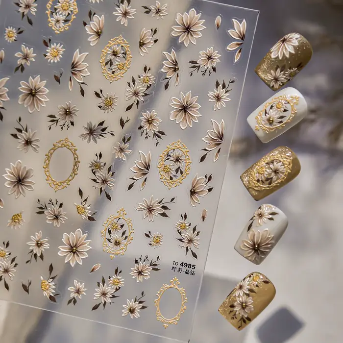 Autocollant d'ongle de diamant de cristal de marguerite sauvage 5D adhésif fleur autocollants d'art