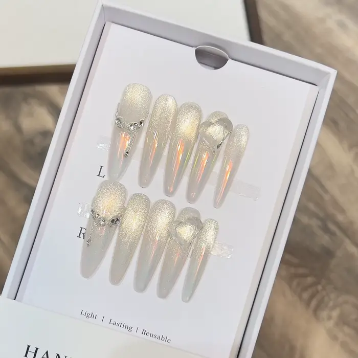 10 pièces yeux de chat français faux ongles bricolage à la main strass