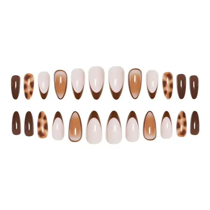 24 faux ongles nude en forme d'amande pour femmes avec pointes françaises marron et motif écaille de tortue