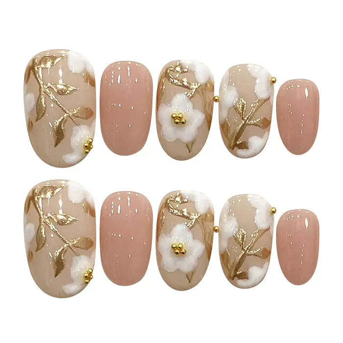 Faux ongles courts et ronds faits à la main pour femmes, patchs à fleurs blanches, rose brillant, ro