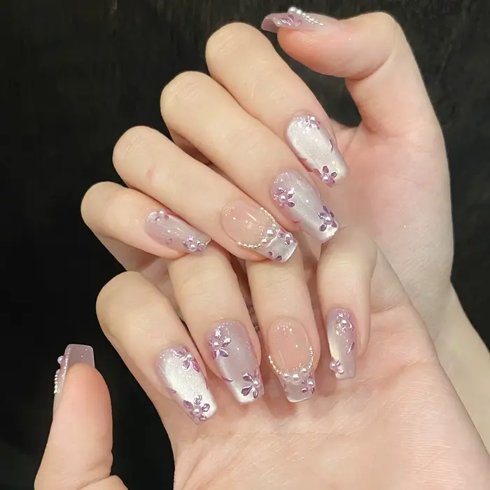 10 pièces à la main violet oeil de chat presse sur les ongles fleurs d'été perle conception faux ong