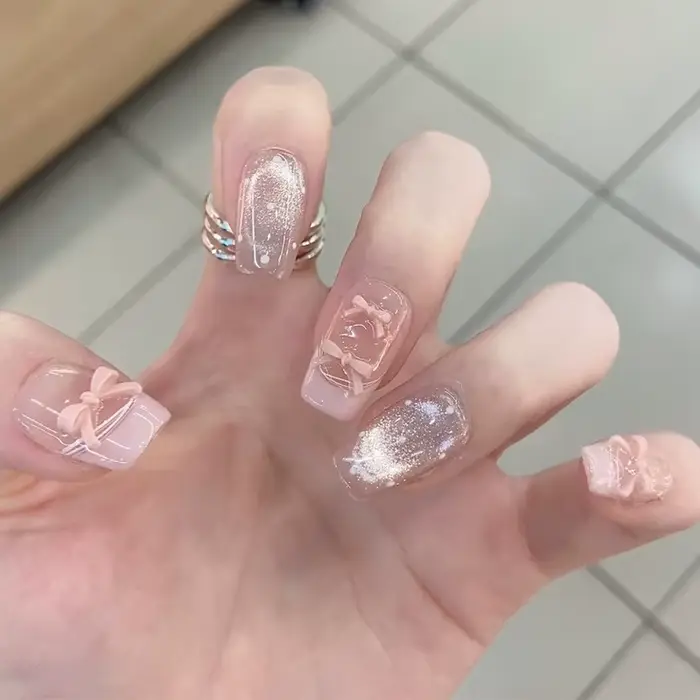 24 pièces paillettes diamant presse sur ongles Blush rose oeil de chat faux