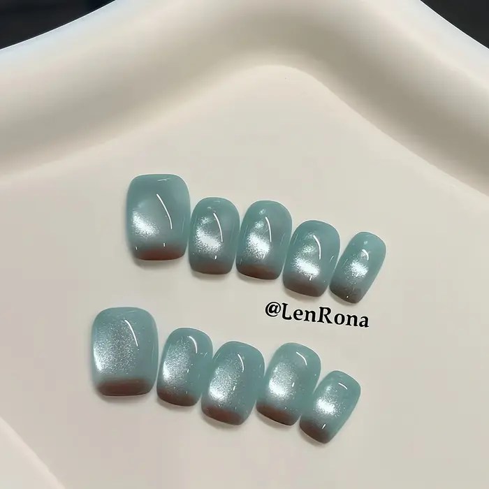 10 pièces ongles faits à la main marron-bleu Ombre oeil de chat presse