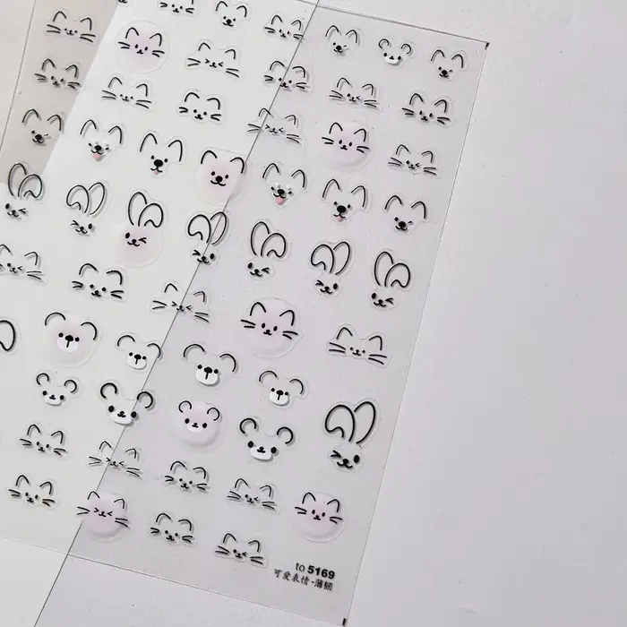 Autocollants 5D pour Nail Art, visage d'animal mignon, dessin animé chat lapin chien souris Kawaii E