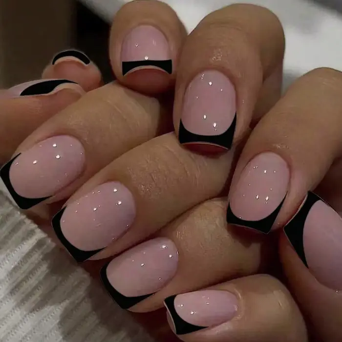 Faux ongles français noirs pointus, courts et moyens, faux ongles carrés, ongles acryliques entièrem
