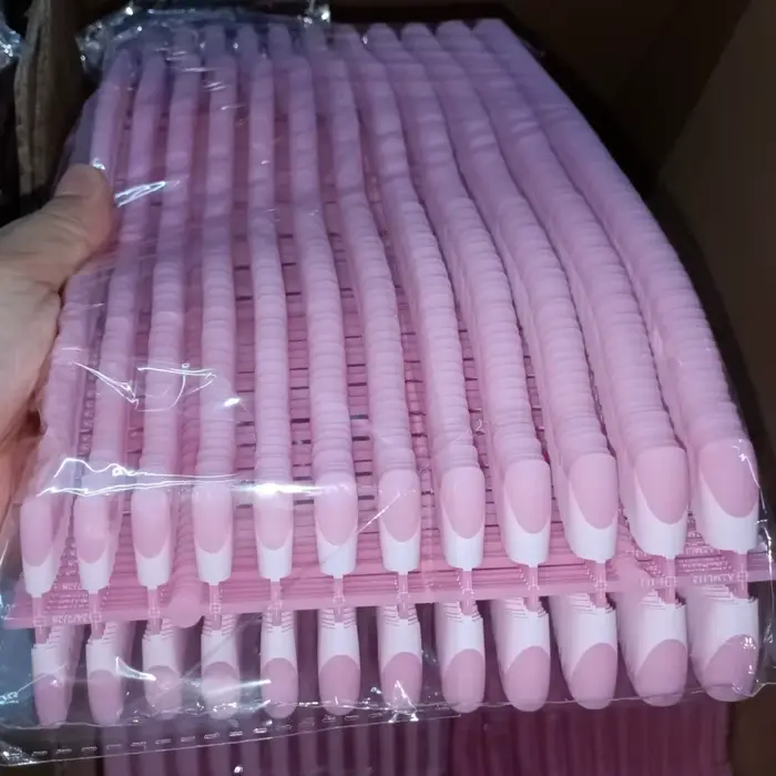 120 pièces rose pointe française ongles à pression longueur moyenne forme carrée avec finition brillante faux