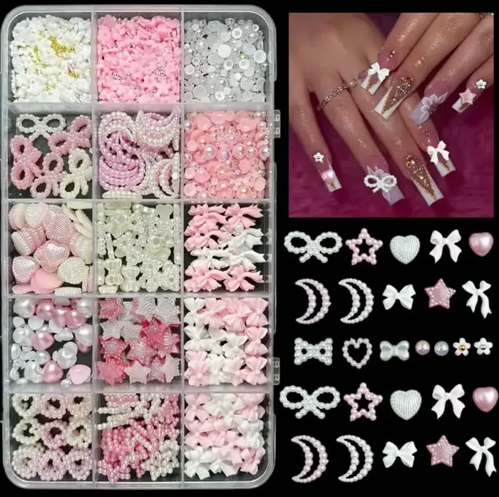 1 boîte rose blanc série arc coeur breloques pour ongles 3D acrylique Nail Art décorations perle 5 p