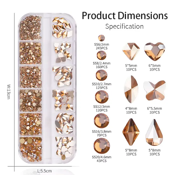 Strass diamant pour ongles or/Champagne, taille mixte 2-6mm, verre brillant à dos plat, gemmes en cr