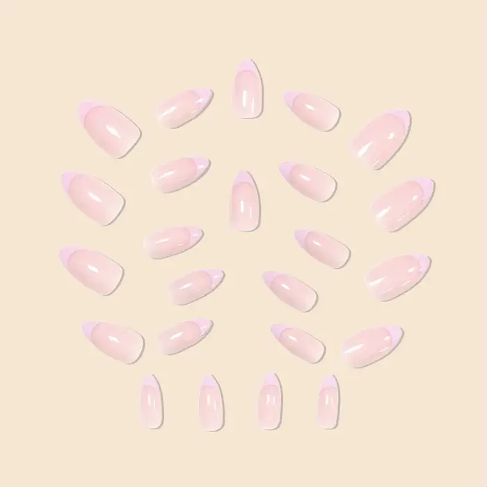 Mode femmes filles longue forme ovale français rose bordure rayures couverture complète portable faux ongles presse sur Nail Art 24 pièces/ensemble ﻿