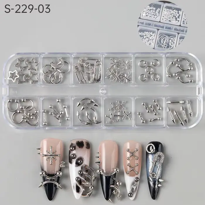12 grilles Goth Punk ongles breloques goujons Y2K Piercing conceptions métallique argenté ongles Art