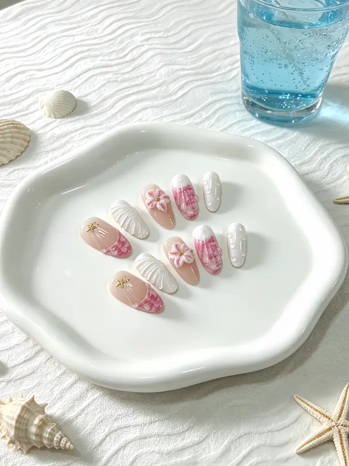 10 faux ongles de taille moyenne en forme d'amande, aux couleurs principales blanc laiteux, rouge ro