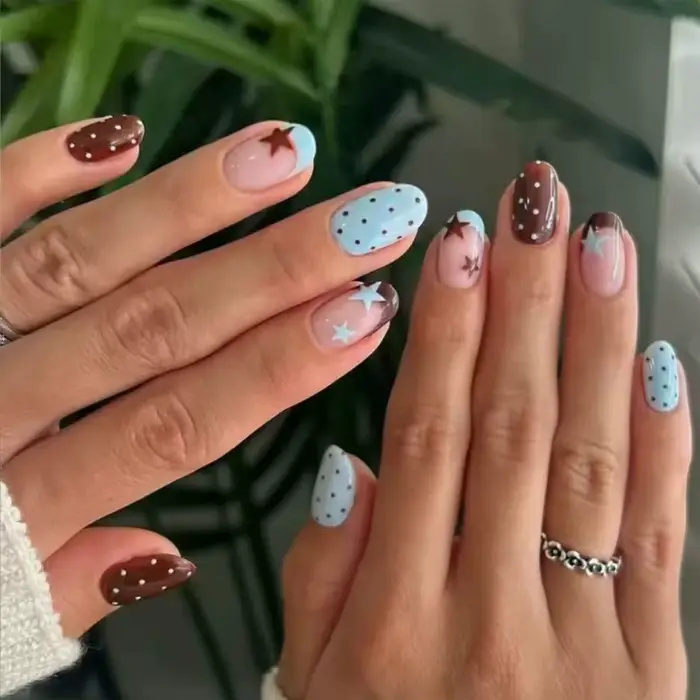 Faux ongles français jaunes à pression bleue et amande, 24 pièces, étoile à cinq branches/à pois imp