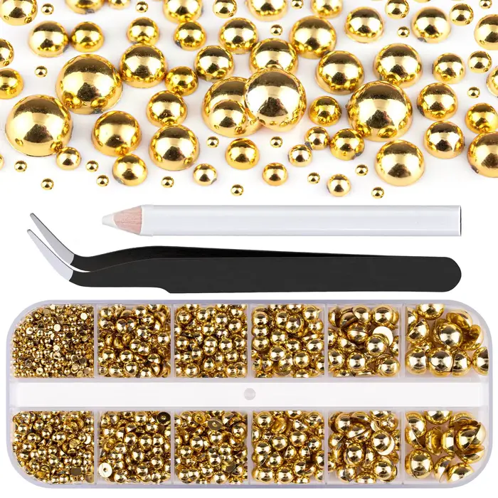 12 grille/boîte 3D or argent demi-rondes perles en acier breloques pour ongles 2-8MM Flatback perle