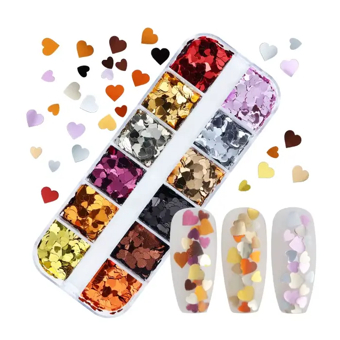 Saint Valentin Nail Art métallique amour coeurs paillettes romantique ongles breloques or coeur pail