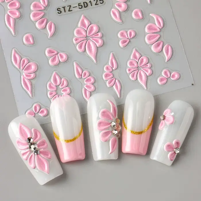 Autocollants pour ongles en forme de fleur en relief 5D, motifs élégants de pétales blancs, roses et