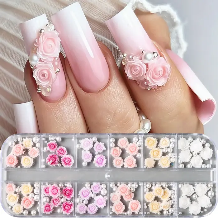 12 Grilles de Breloques pour Ongles en Résine Colorées en Forme de Rose