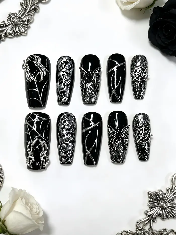 10 faux ongles noirs à paillettes argentées dégradées, avec contour en paillettes argentées, toile d