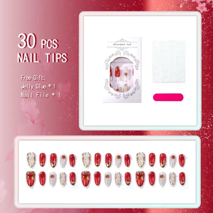 24 faux ongles dorés en amande avec colle