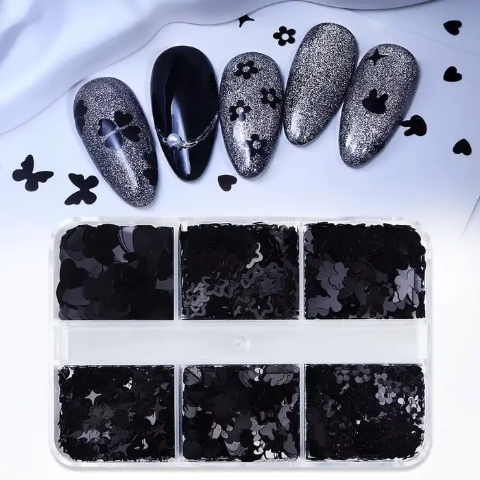 6 grilles noir en forme de coeur papillon étoile ongles Paillettes décor mixte manucure flocons Pail