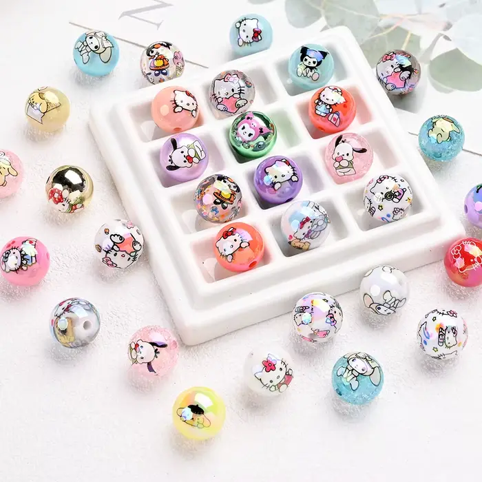 Perles acryliques mélangées aléatoires, 30 pièces, perles rondes imprimées Sanrio, amples pour brico