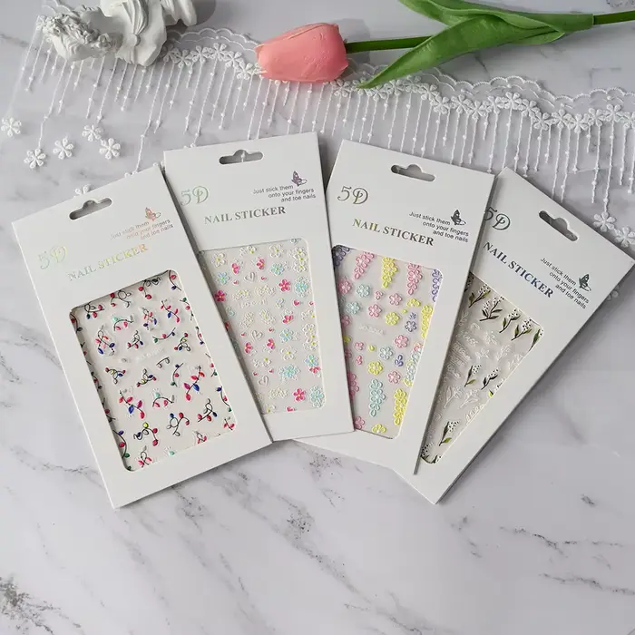 Autocollants 5D pour ongles, motifs floraux roses et bleus, pétales, feuilles, plantes en relief, dé