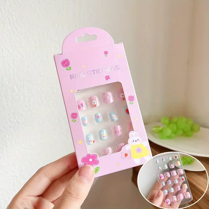 24 pièces/boîte enfants dessin animé ongles conseils coloré mignon fille faux ongles ensemble avec g
