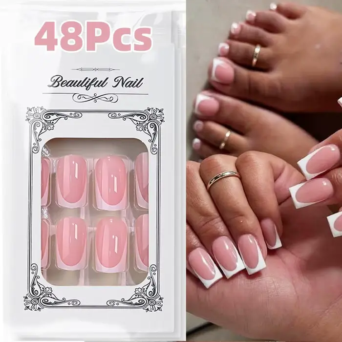 48/144 pièces Faux ongles à presser French Manucure et Pédicure, courts carrés, kit de faux ongles p