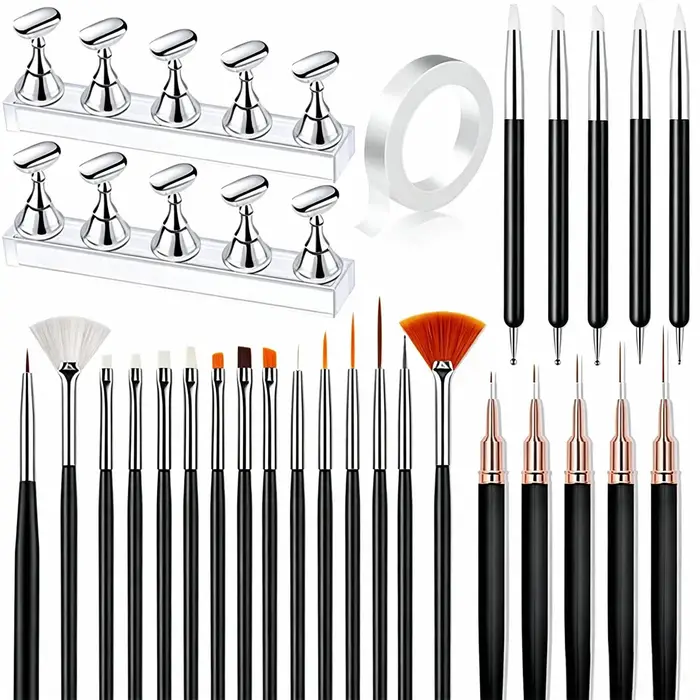 Ensemble de 28 pièces pour nail art – 15 pinceaux + 5 outils de pointillage/sculpture + 5