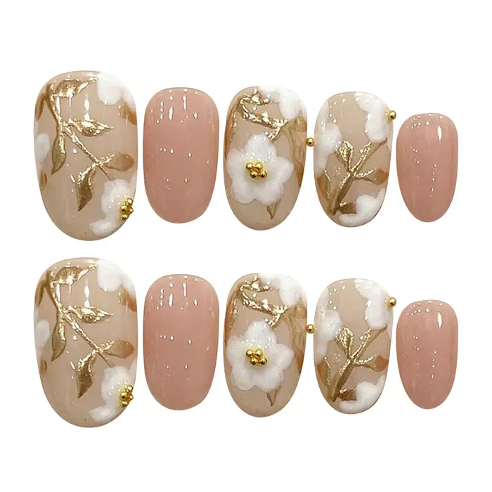 Faux ongles courts et ronds faits à la main pour femmes, patchs à fleurs blanches, rose brillant, rose nude doux, portable, N64.