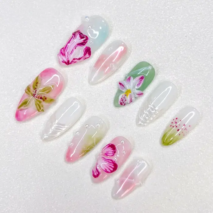 Printemps fait à la main presse sur ongles 10 pièces brillant rose 3D fleur