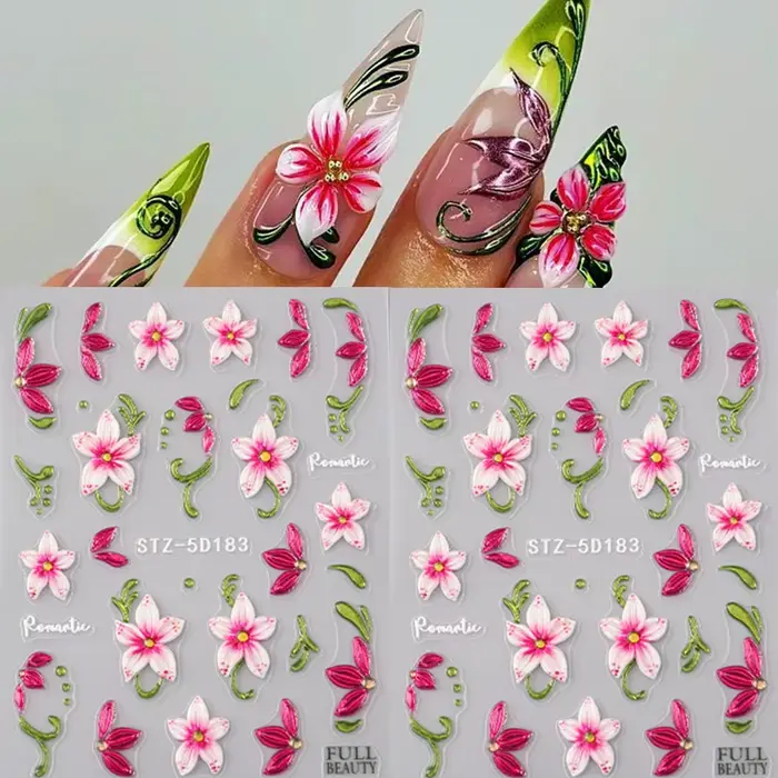 Autocollants pour ongles motif fleur de lys rose - Motifs fleurs roses et feuilles vertes