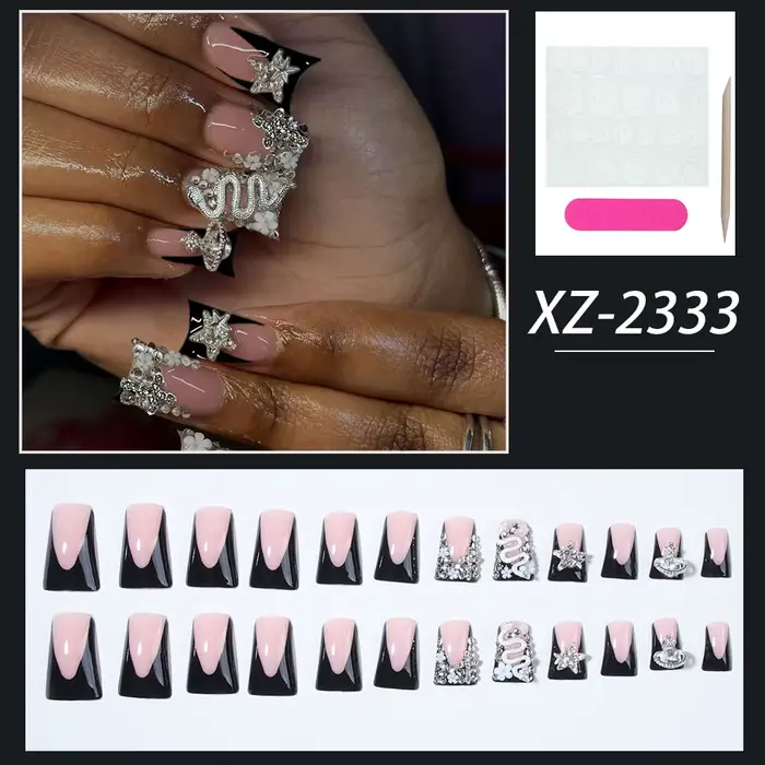 24 pièces Long canard noir pointe française presse sur ongles croix en alliage 3D