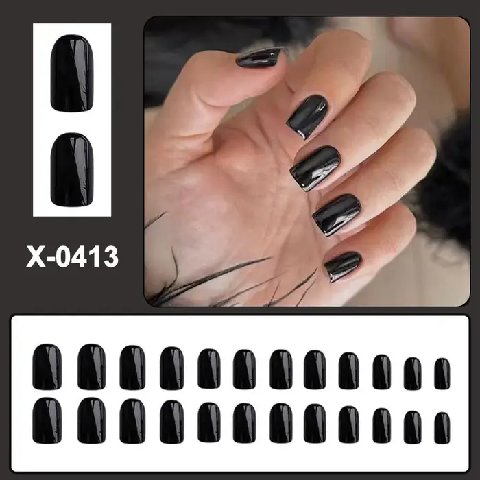 24 pièces noir carré presse sur ongles moyen longs faux ongles, 12 tailles ongles acryliques brillan