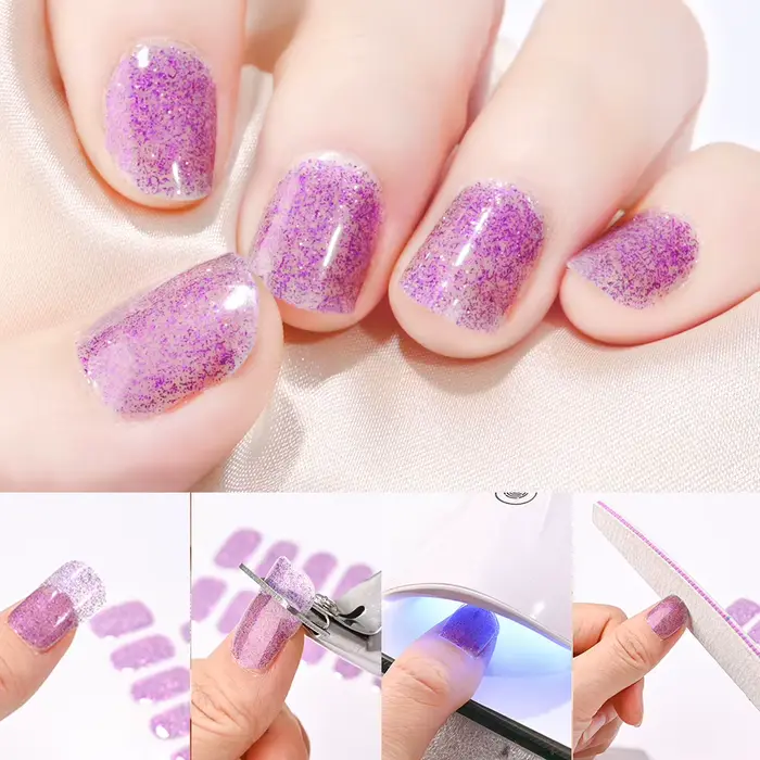 16 conseils UV Gel semi-durci ongles autocollant français couverture complète lumineux blanc paillettes Gel