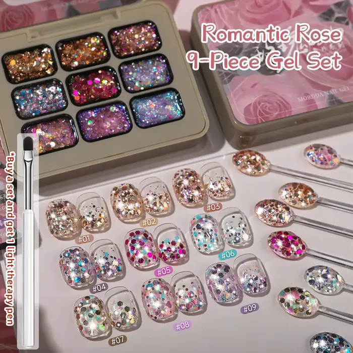 9 couleurs paillettes solide adhésif Gel vernis à ongles dégradé Semi Permanent tremper UV LED Nail Art Gel