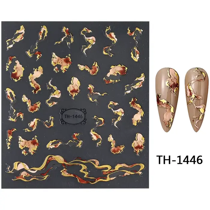 Autocollants pour ongles, autocollants de conception d'encre violet bleu marron, décorations dorées,