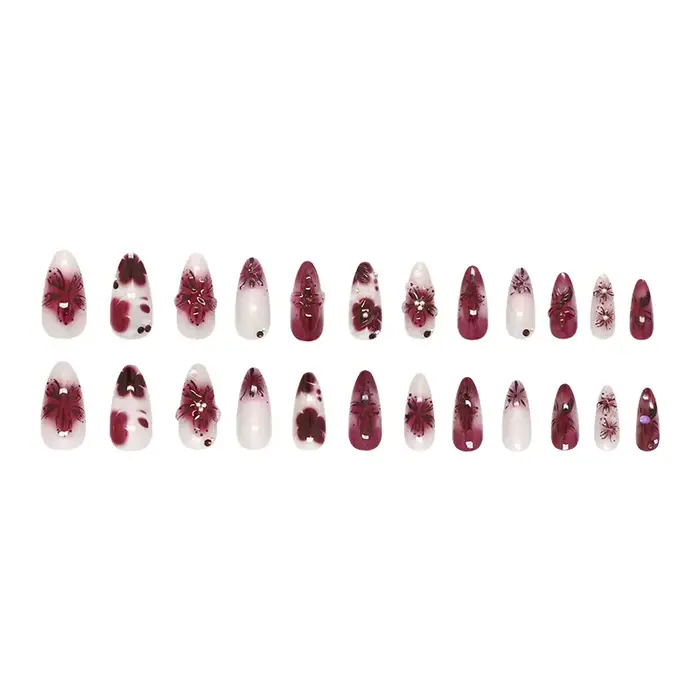 24 pièces fleur impression presse sur ongles vin rouge Blush amande faux