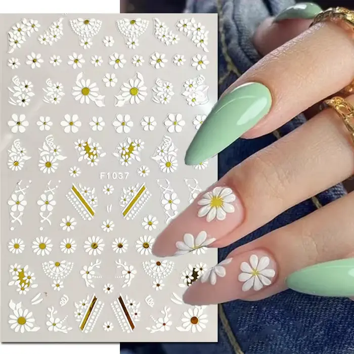 3d Nail Art lignes dorées feuilles d'or fleurs blanches adhésif curseurs ongles autocollants accessoires pour décorations conseils beauté