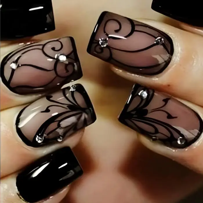 ARTAUG 24 pièces améliore votre Style avec des ongles courts carrés noirs à pression en dentelle den