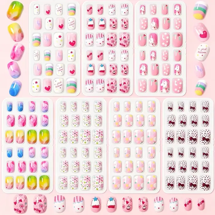 168 faux ongles pour enfants, motifs fleurs, cœurs, pois, nœuds, crème glacée, arc-en-ciel, style Ka