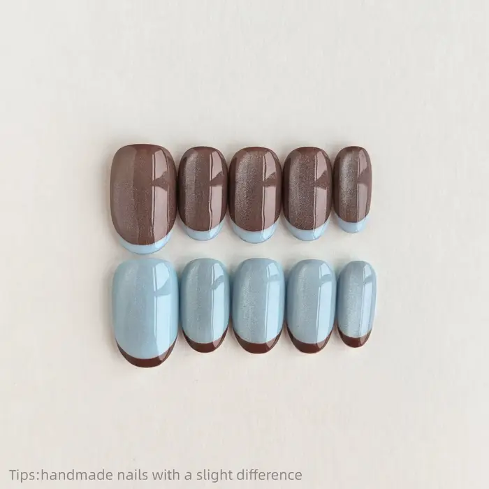 10 pièces à la main marron bleu oeil de chat presse sur ongles court couverture complète portable réutilisable mode faux
