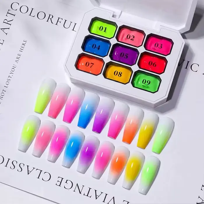 Gel UV 9 couleurs fluo néon solide en grille de neuf carrés