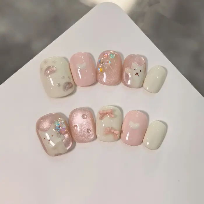 Ensemble de 10 ongles à pression faits à la main, nœud papillon en forme de chat mignon, Design d'am
