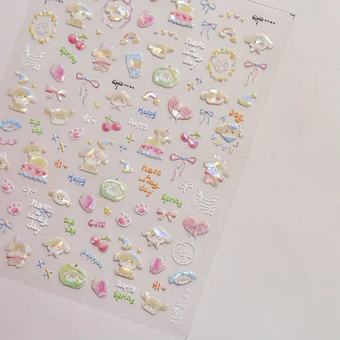 Ballon coloré mignon chiot fleur cerise nœud papillon amour heureux chien Animal auto-adhésif Nail A