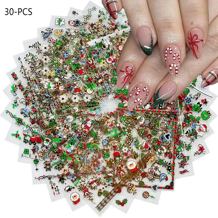30 autocollants pour ongles de Noël auto-adhésifs – Motifs sélectionnés de flocons de neige