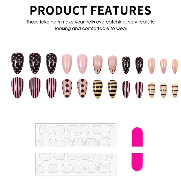 24 faux ongles brillants en forme d'amande, motifs rayés colorés et pois, style français, à presser, pour un look estival doux et cool