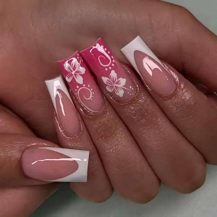 24 pièces fée fleur blanche faux ongles rose pointe française presse sur ongles court carré portable