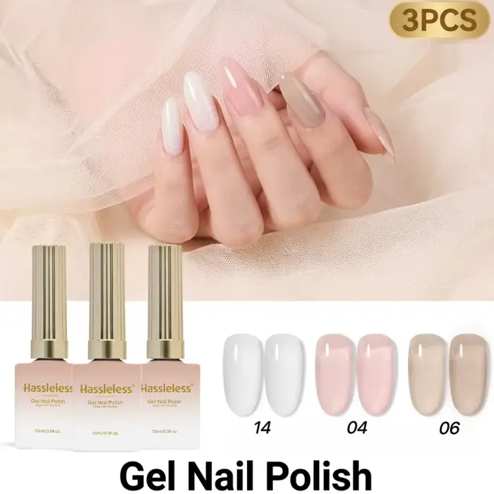 Ensemble de vernis à ongles en gel nude et transparent sans tracas (3 couleurs) : Blanc laiteux nacré