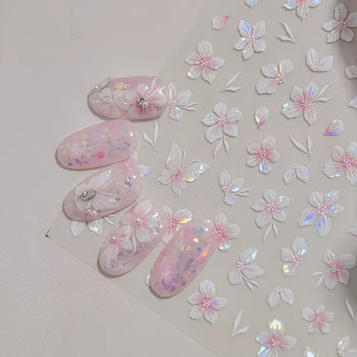 Autocollants pour ongles avec paysage printanier et ombres de fleurs
